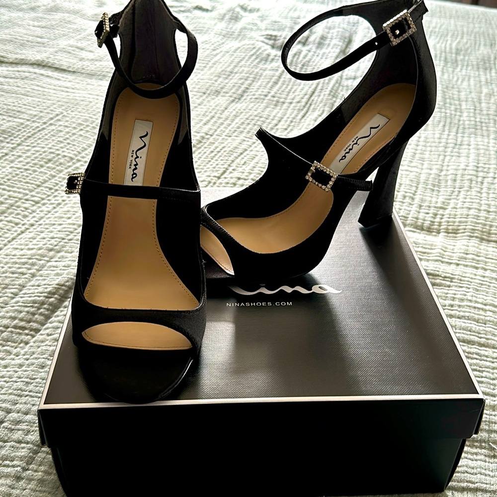 Nina black lusted satin heel sandal with rhinestone buckle size 9 1/2